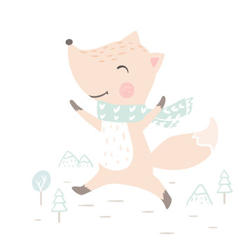 Fox baby winter print. Cute animal run in warm scarf christmas card.