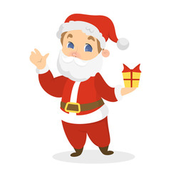Child in red Santa Claus costume with white beard and hat