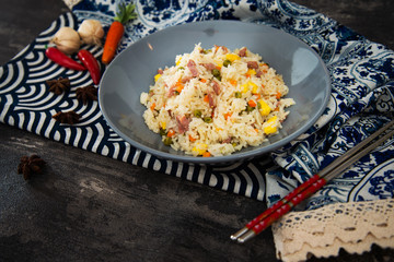 Cantonese fried basmati rice with ham and eggs