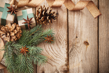 Christmas decorations on old wooden background