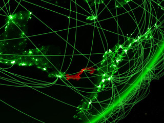 Panama on green model of planet Earth with network at night. Concept of green technology, communication and travel.