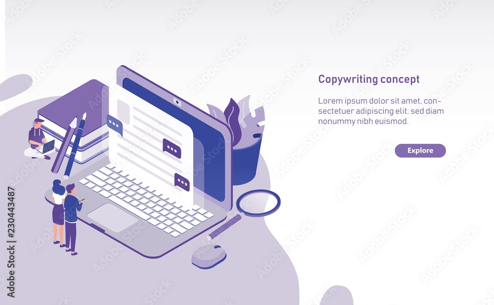 Poster Creative horizontal web banner template with tiny managers standing in front of large computer and looking at text displaying on screen. Copywriting, website content management. Vector illustration.