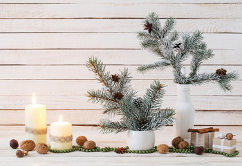 Christmas decorations on old wooden background