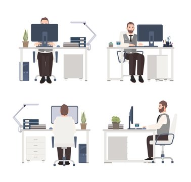 Bearded man working on computer at workplace. Male clerk or manager sitting at office desk. Flat cartoon character isolated on white background. Front, side and back views. Vector illustration.