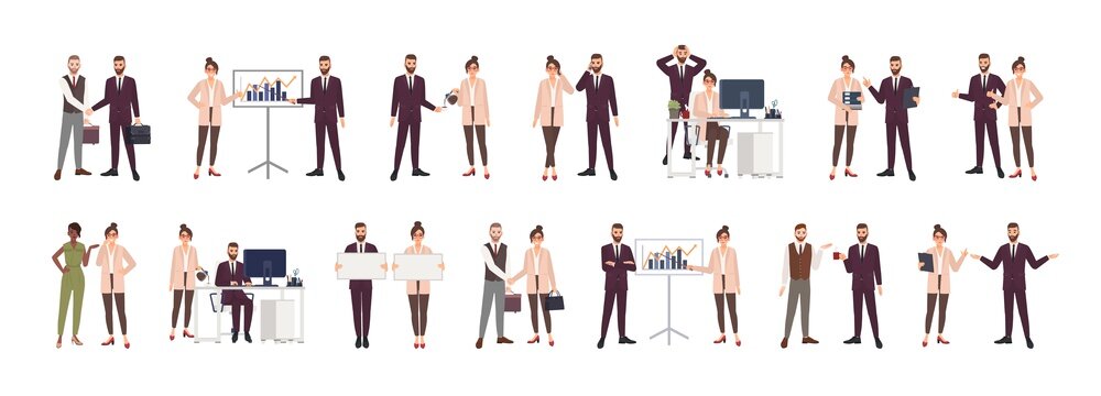 Bundle of male and female office workers, clerks or managers talking to each other, negotiating, discussing work issues, shaking hands, brainstorming. Vector illustration in flat cartoon style.