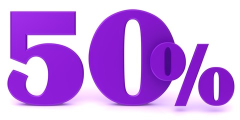 sale discount 50 % percent percentage sign 3d purple savings promotion render price reduction tag label rebate