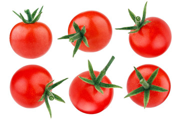 Cherry tomatoes with green stem isolated on white background