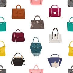 Trendy seamless pattern with stylish women's bags or handbags of different models on white background. Backdrop with fashionable leather accessories. Vector illustration for textile print, wallpaper.