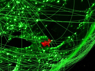 Azerbaijan on green model of planet Earth with network at night. Concept of green technology, communication and travel.