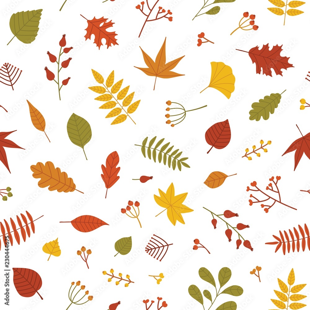 Poster Autumn seamless pattern with fallen tree leaves and sprigs with berries on white background