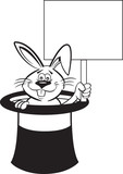Black and white illustration of a rabbit in a top hat and holding a sign.