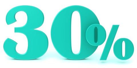 percent sign 30 % sale discount price off percentage symbol interest rate icon 3d turquoise render graphic