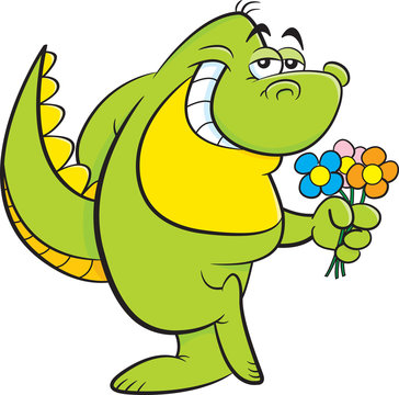 Cartoon illustration of a dinosaur holding flowers.