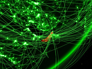 United Arab Emirates on green model of planet Earth with network at night. Concept of green technology, communication and travel.