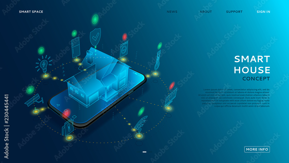 Poster concept of smart house with iot. digital hologram of smart home on the screen of smartphone. vector 