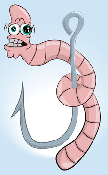 Scared cartoon worm hanging from a fishing hook. Funny Character Worm Isolated on Blue Background. Vector illustration. Fishing concept in cartoon style.