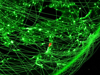 Lebanon on green model of planet Earth with network at night. Concept of green technology, communication and travel.