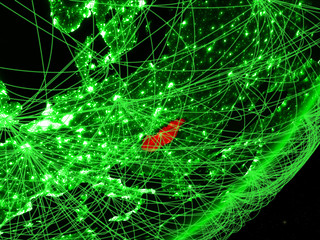Hungary on green model of planet Earth with network at night. Concept of green technology,...