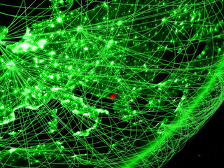 Montenegro on green model of planet Earth with network at night. Concept of green technology, communication and travel.