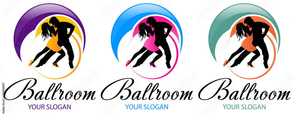 Wall mural Silhouette of dancing couple. Dance logo designs template. Elements of dance multi colored icons. Simple icon for websites, web design, mobile app, info graphics, logo. Tango, waltz, latino style.