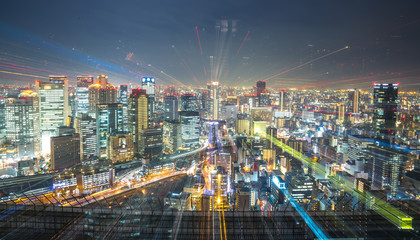 Cityscape view from Kuchu-Teien Observatory in Umeda Sky Building that can see 360 degree of Osaka City, Japan