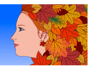Autumn woman. Corolful leaves hairstyle. Vector illustration.