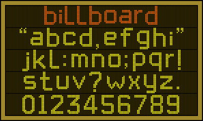 Billboard font - Retro LCD billboard with lower case alphabets, numerals and punctuation characters in round pixel font.