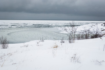 View of the St. Lawrence Estuary in winter in Canada