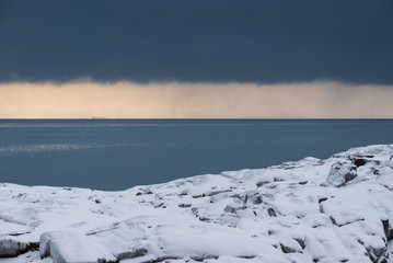 View of the St. Lawrence Estuary in winter in Canada