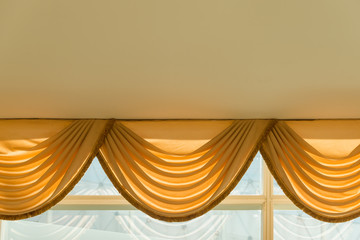 Golden curtains window luxury and classic style decoration interior of room with copy space for...