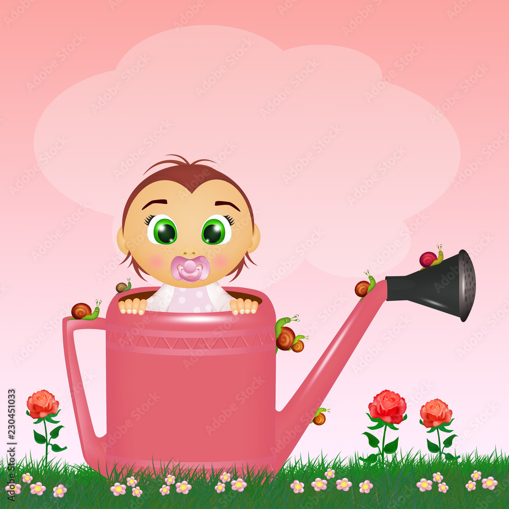 Sticker baby female in the watering can