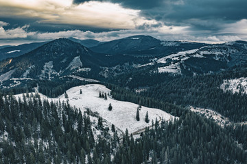 Bicaz Gorge panorama in the Hasmas National Park, Transylvania, Romania. Winter aerial view.
