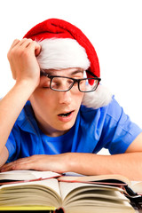 Tired Student in Santa Hat