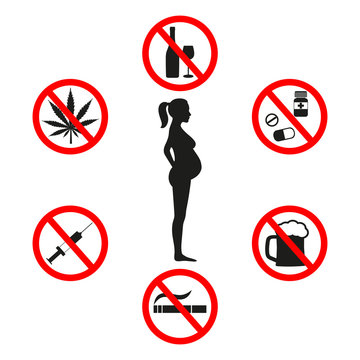 Pregnant woman, stylized symbol, pictured on white background. Signs No drugs. No smoking. No to alcohol. Save your pregnancy.