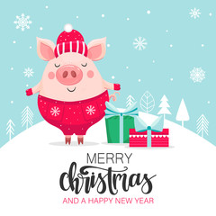 Winter holiday card with funny pig