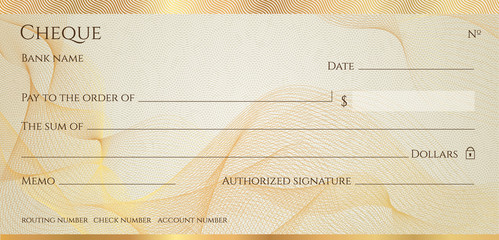 Check, Cheque (Chequebook template). Guilloche pattern with abstract line  watermark, border. Gold background for banknote, money design,currency, bank note, Voucher, Gift certificate, Money coupon