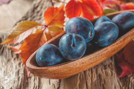 Bowl of juicy blue plum in a rustic style. Happy Thanksgiving. Copy space