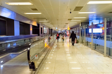 ISTANBUL, TURKEY - OCTOBER 22, 2018: Sabiha Gokcen Airport, corridor to the boarding gates of the international terminal