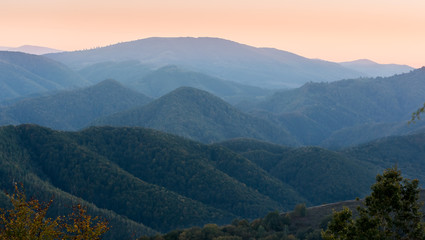 Fototapeta premium Grows forest forested mountains at sunset, over Hunedoara, in Romania