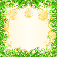 Christmas and New Year decoration frame golden Christmas ornaments  golden leaves  and fir tree branch  and golden snowflake vintage vector illustration editable hand draw