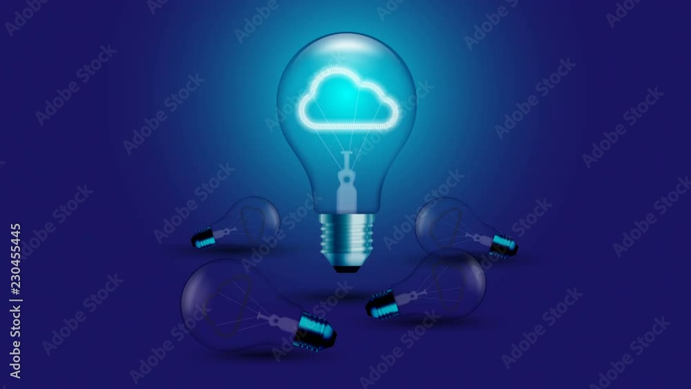 Aufkleber cloud icon symbol incandescent light bulb blink switch on set connection concept glow in blue gradie
