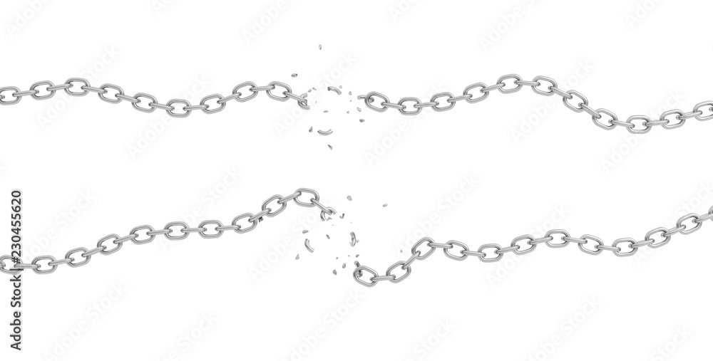 Poster 3d rendering of two strings of chain lying curled on a white background with their links broken and 
