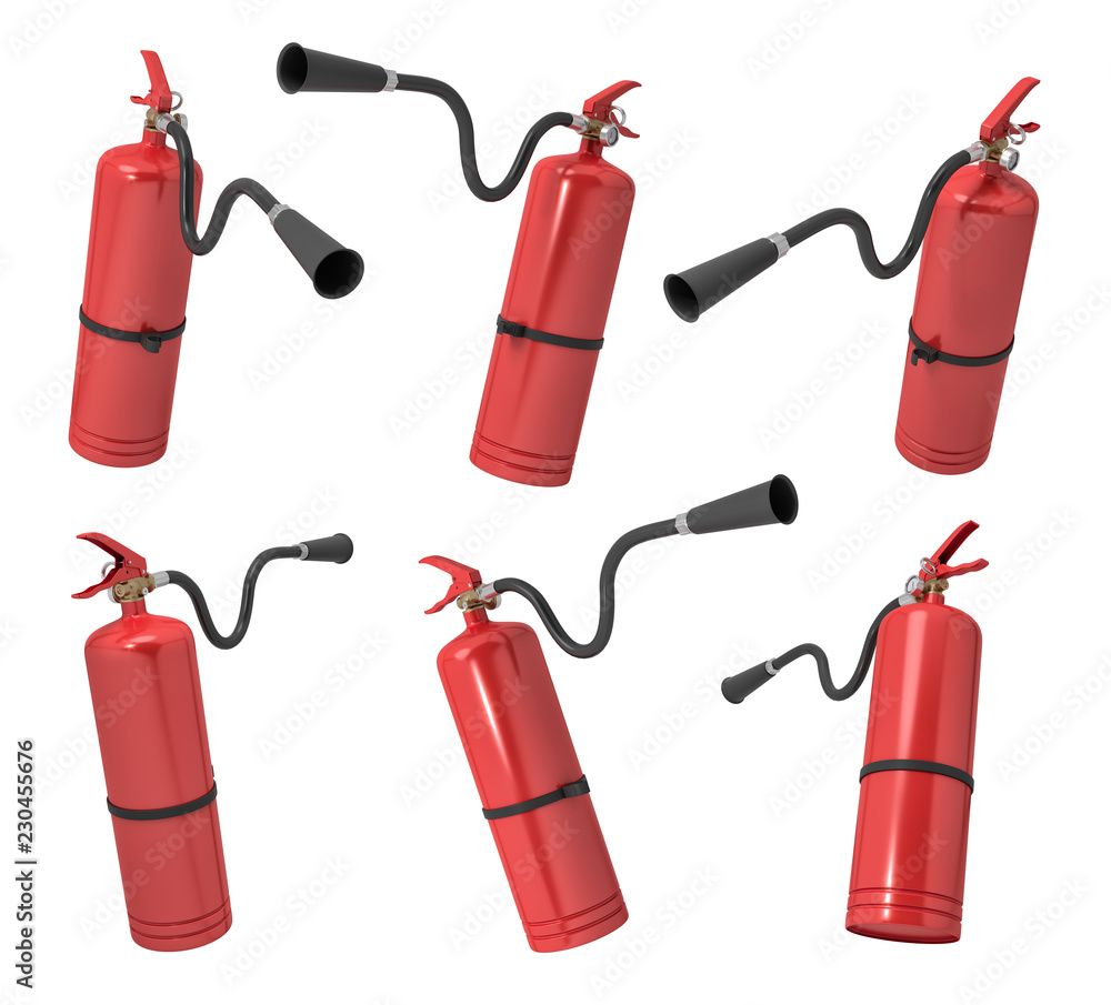 Poster 3d rendering of several new fire extinguishers with hoses and nozzles pointed at different direction