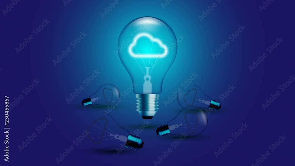 Poster cloud icon symbol incandescent light bulb beating moving switch on set connection concept glow in bl