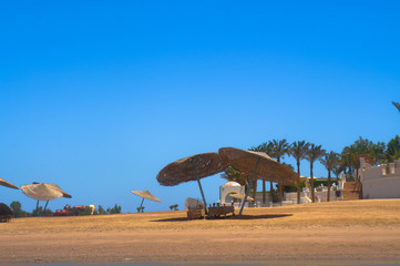 Beautiful view of the coastline with houses and hotels on the red sea. Tourist region in Egypt....