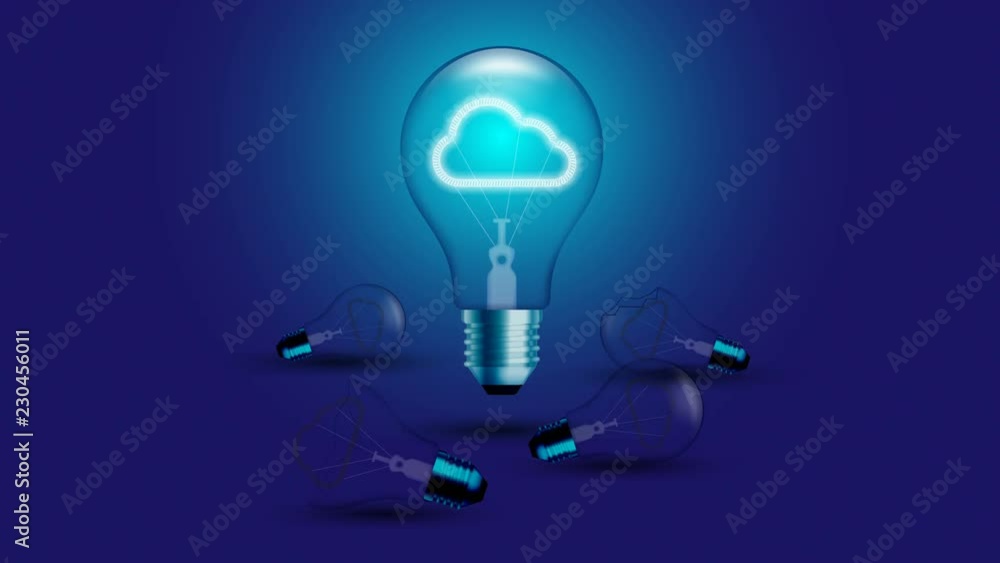 Aufkleber cloud icon symbol incandescent light bulb blink switch on set connection concept glow in blue gradie
