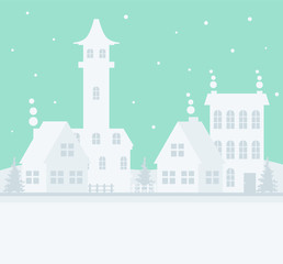 Merry Christmas and Happy New Year. A small winter city. Paper art in digital style. Vector illustration.