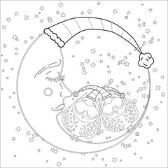 Coloring book for adult and older children. Coloring page with an owl on the moon among the stars.
