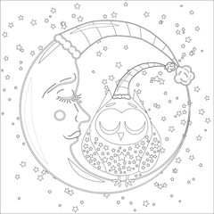 Coloring book for adult and older children. Coloring page with an owl on the moon among the stars.