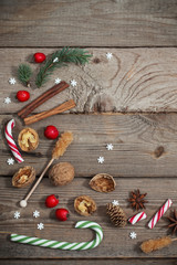 Christmas decorations on wooden background